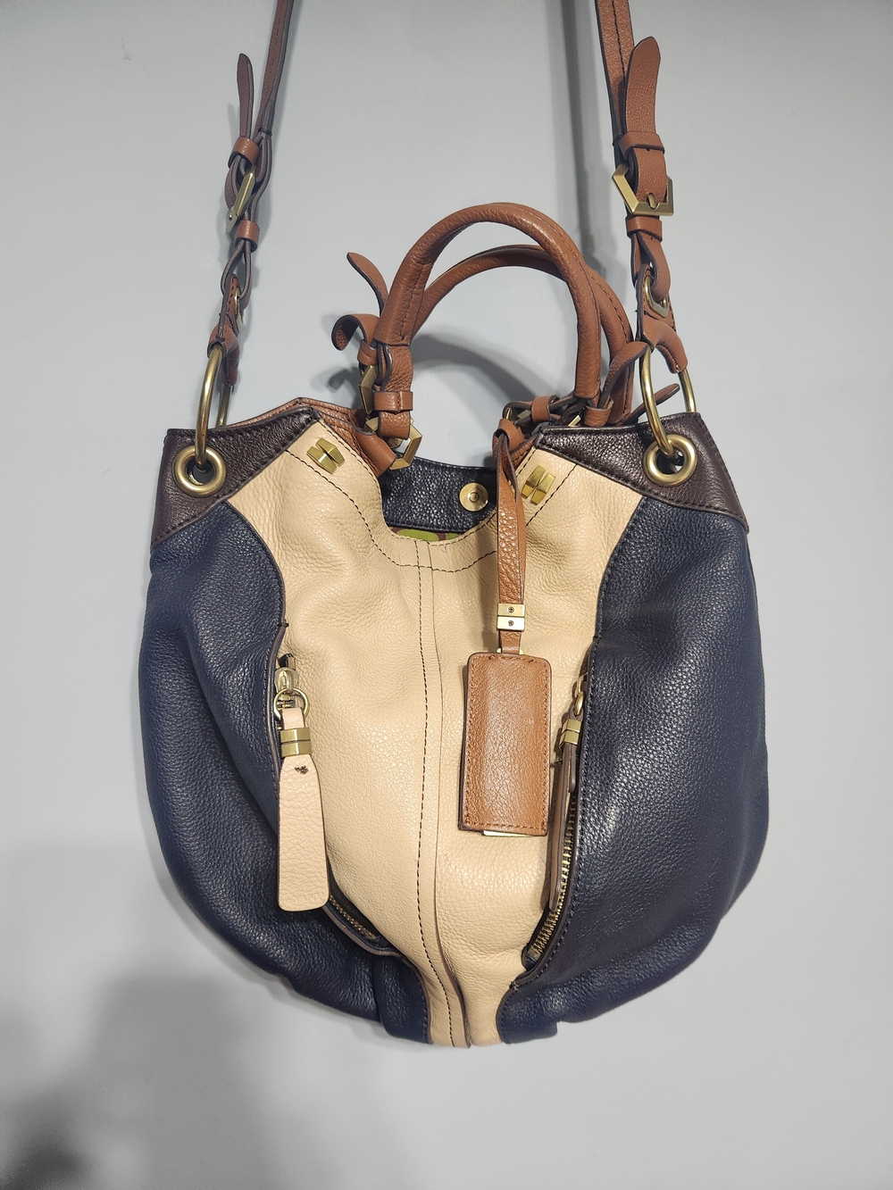 orYANY Genuine Leather Colorblock Slouchy Satchel Hobo Bag Navy Cream Cognac